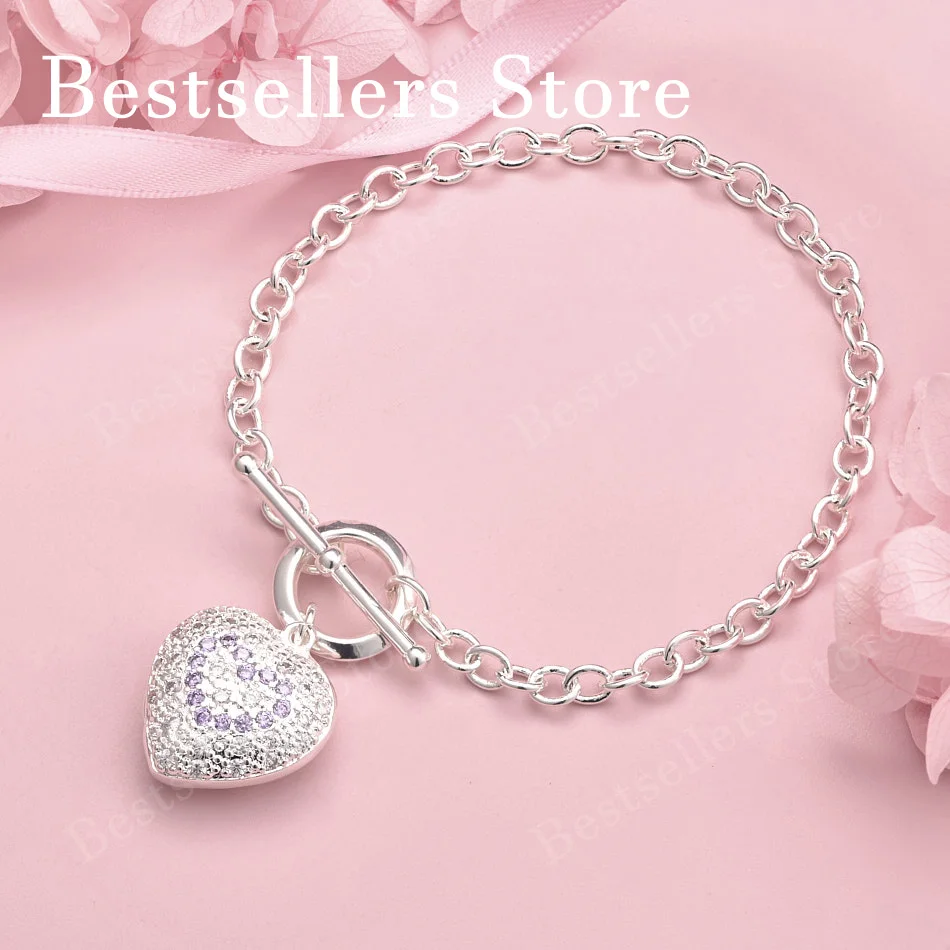 

925 sterling silver 8-inch heart-shaped purple zircon bracelet, fashionable women's party wedding accessories and accessories