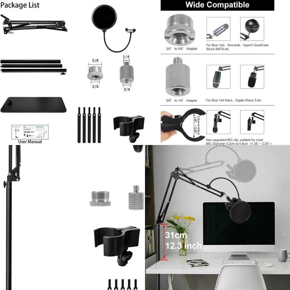 

Подставка для студийной стрелы с резьбой 3/8-5/8, микрофонными зажимами и кабельными стяжками для микрофона Blue, Nano, Ball, HyperX, SM7B, MV7, и K688