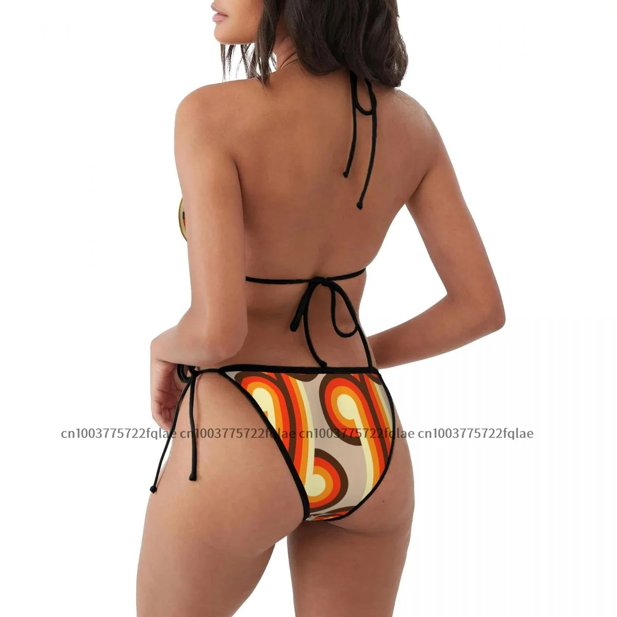 Women Sexy Bikini Set Push-up Bra Halter Thong Swimsuit Swimwear Beachwear Bathing 70s Pattern Retro Inustrial In Orange   Tones