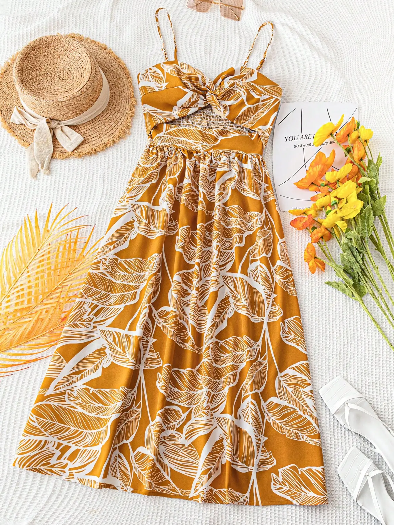 

Mustard Leaf Print Spaghetti Strap Twist Front Midi Dress for Summer