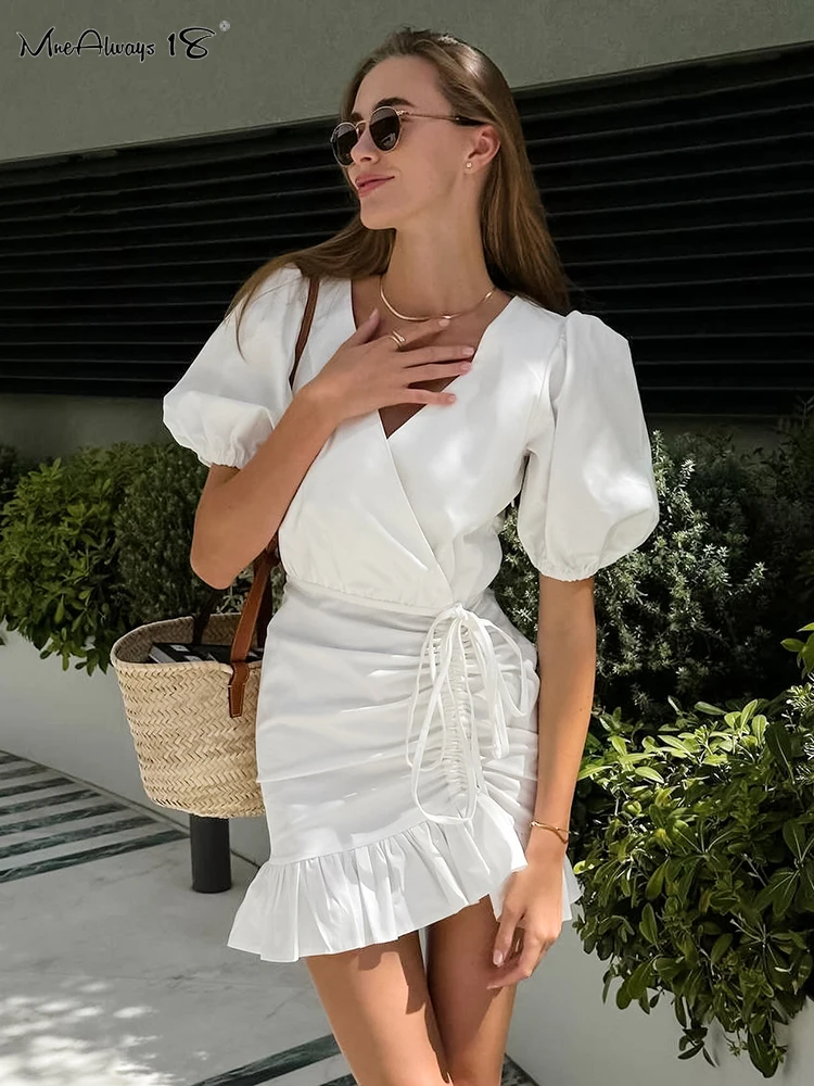 Mnealways18 Black Drawstring Elegant Mini Dress Womens Puff Sleeves Ruffled V-Neck Office Ladies Dress Summer 2024 High Waisted