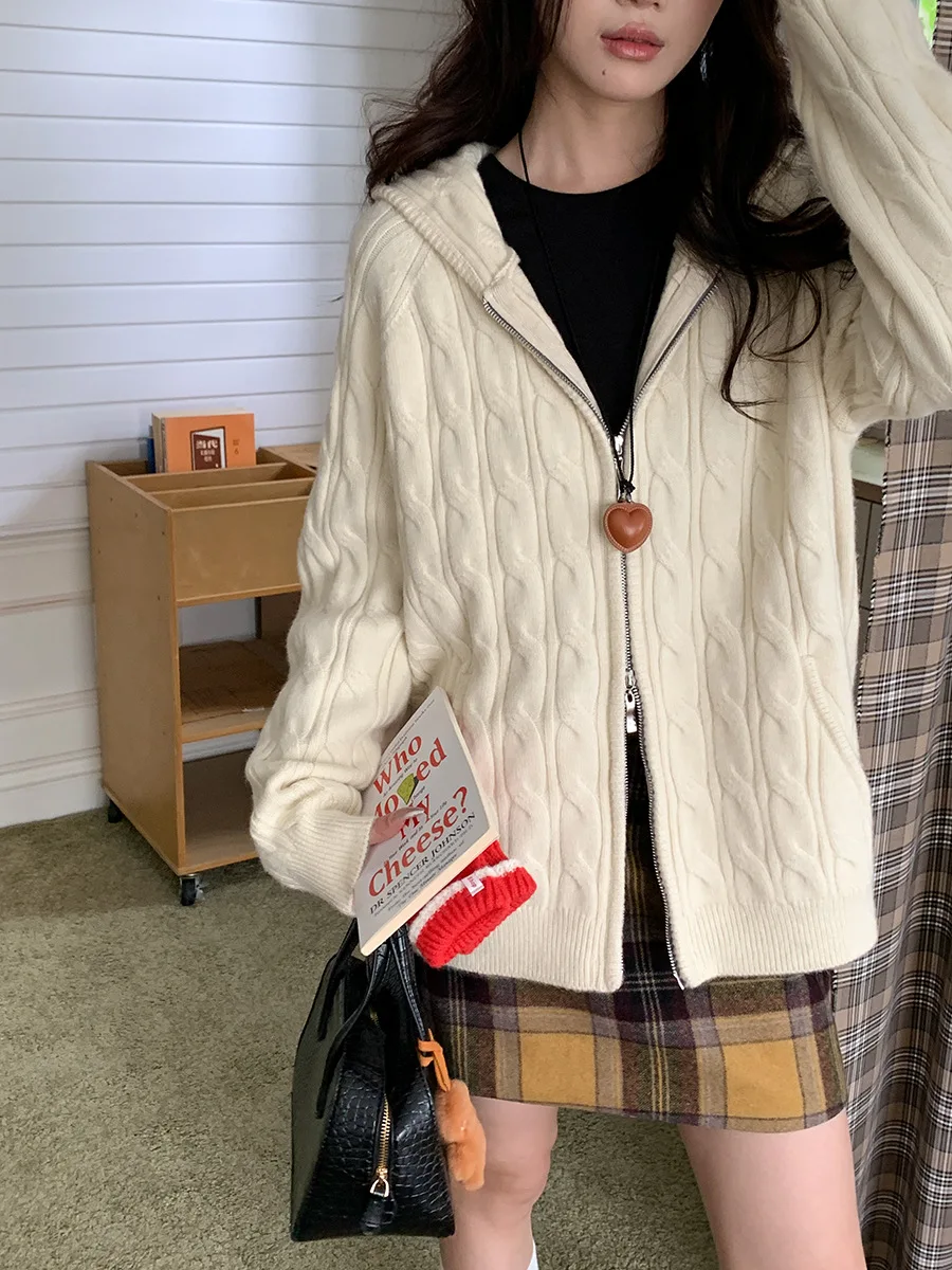 Mantel sweter berkerudung Fried Dough Twists ritsleting ganda desain baru awal musim gugur