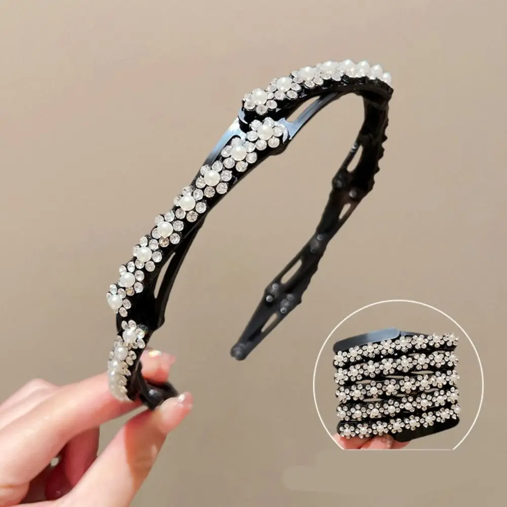 

Cute Foldable Rhinestone Headband Flower Thin Pearl Hair Band Extendable Korean Style Headwear Makeup