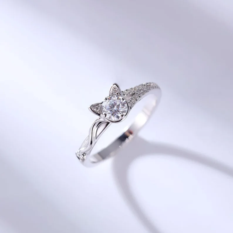 New simulation mozzarella diamond cute cat silver ring, fashionable engagement ring woman