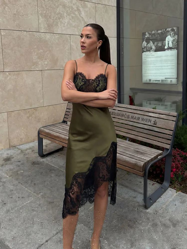 HH Damen Spitzen-Patchwork-Kleid Sexy Rückenfreies Kleid mit Seitenreißverschluss und Spaghettiträgern Langes Kleid 2026 Trend Sommer Damen High-Street-Kleider