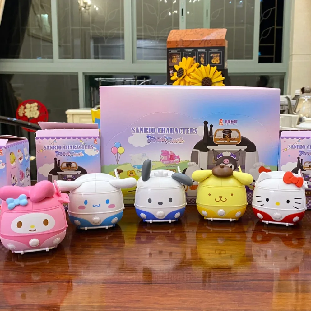 Sanrio Food Truck Blind Box Action Figure Ornament Kulomi Pom Pom Purin Kitty Cinnamoroll Pochacco Mystery Box Figurine Toy Gift