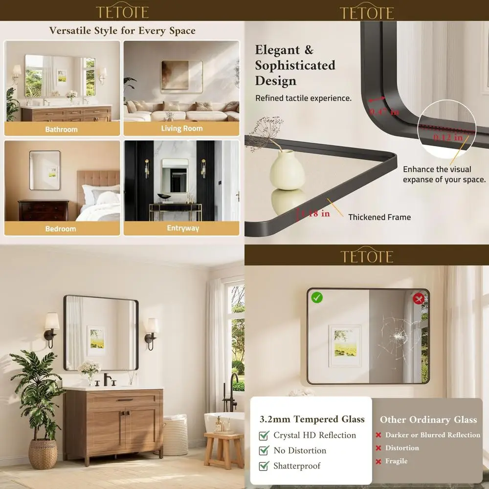 

42 x 36 Modern Rectangular Wall-Mounted Vanity Mirror in Black for Bathroom Decor