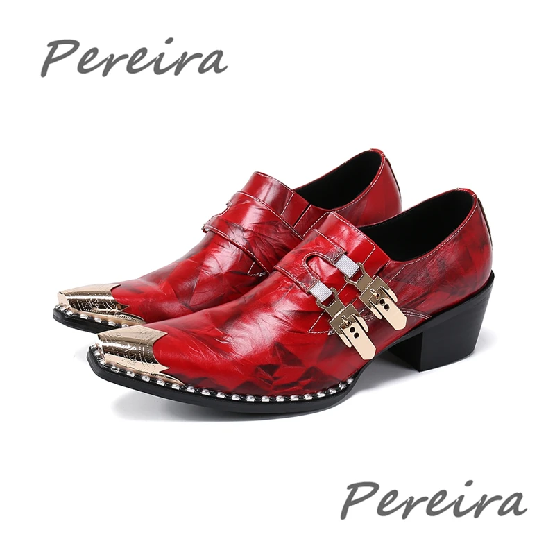 

Fashion Metal Buckle Men Cow Leather Shoes British Style Red Pointed Toe Business Dress Shoes Banquet Party Male High Heels