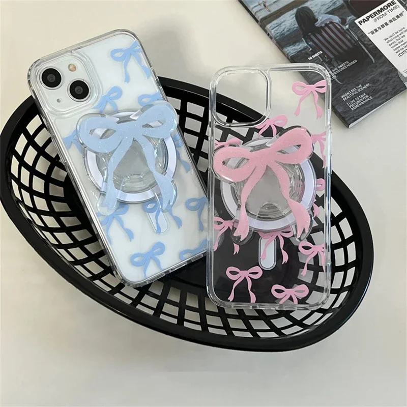 INS Korea Blue Pink Bowknot Stand for Popsockets Magsafe Magnetic Phone Grip for IPhone Foldable Wireless Charging Case Holder