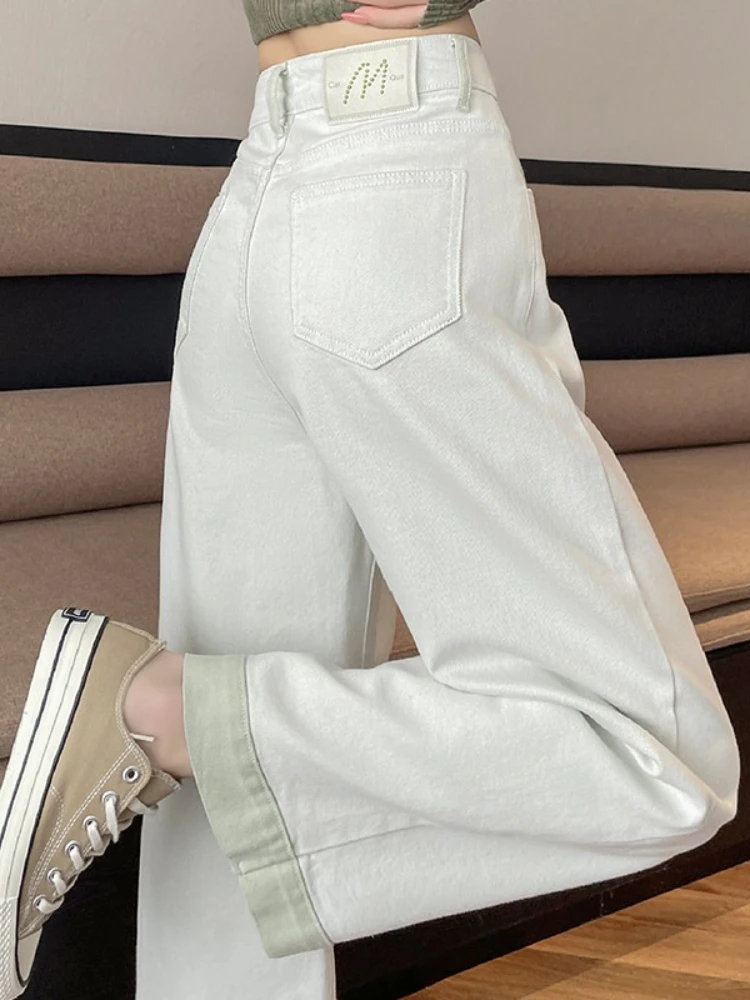 Color blocking nine cropped wide leg jeans women in autumn new high waist street spliced fashionable straight leg pants