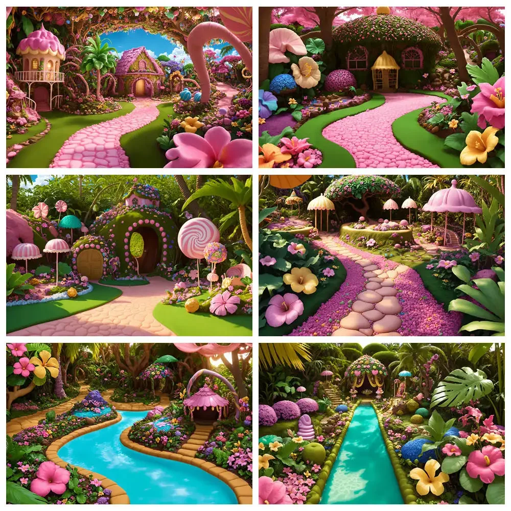 

MOON.QG Photography Backdrop Candyland Flowers Garden Photo Background Custom Baby Birthday Party Candy Bar Photographic Props