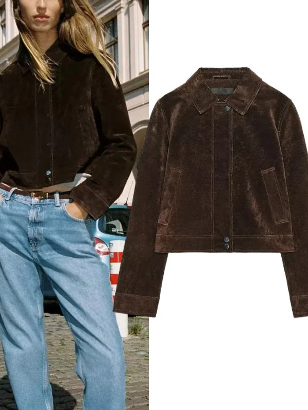 جاكيت نسائي قصير بأكمام طويلة وياقة، تصميم عصري غير رسمي، جديد لفصل الخريف، بتأثير الجلد، معطف نسائي عالي الجودة