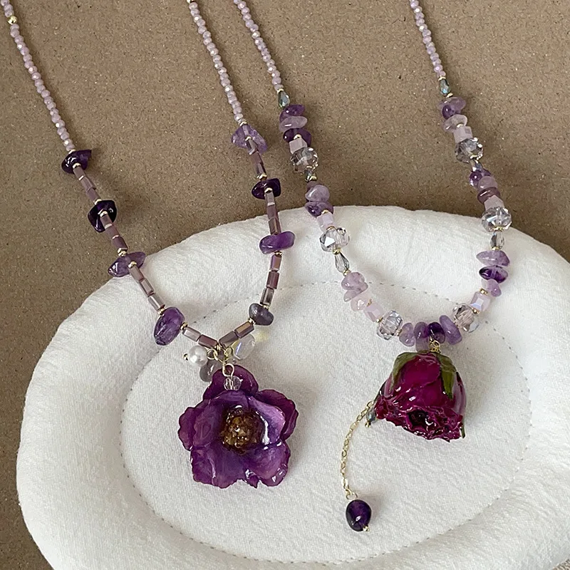 

Minar Romantic Irregular Purple Crystal Natural Stone Glass Beads Real Dye Rose Flower Pendant Necklaces for Women Lady Chokers