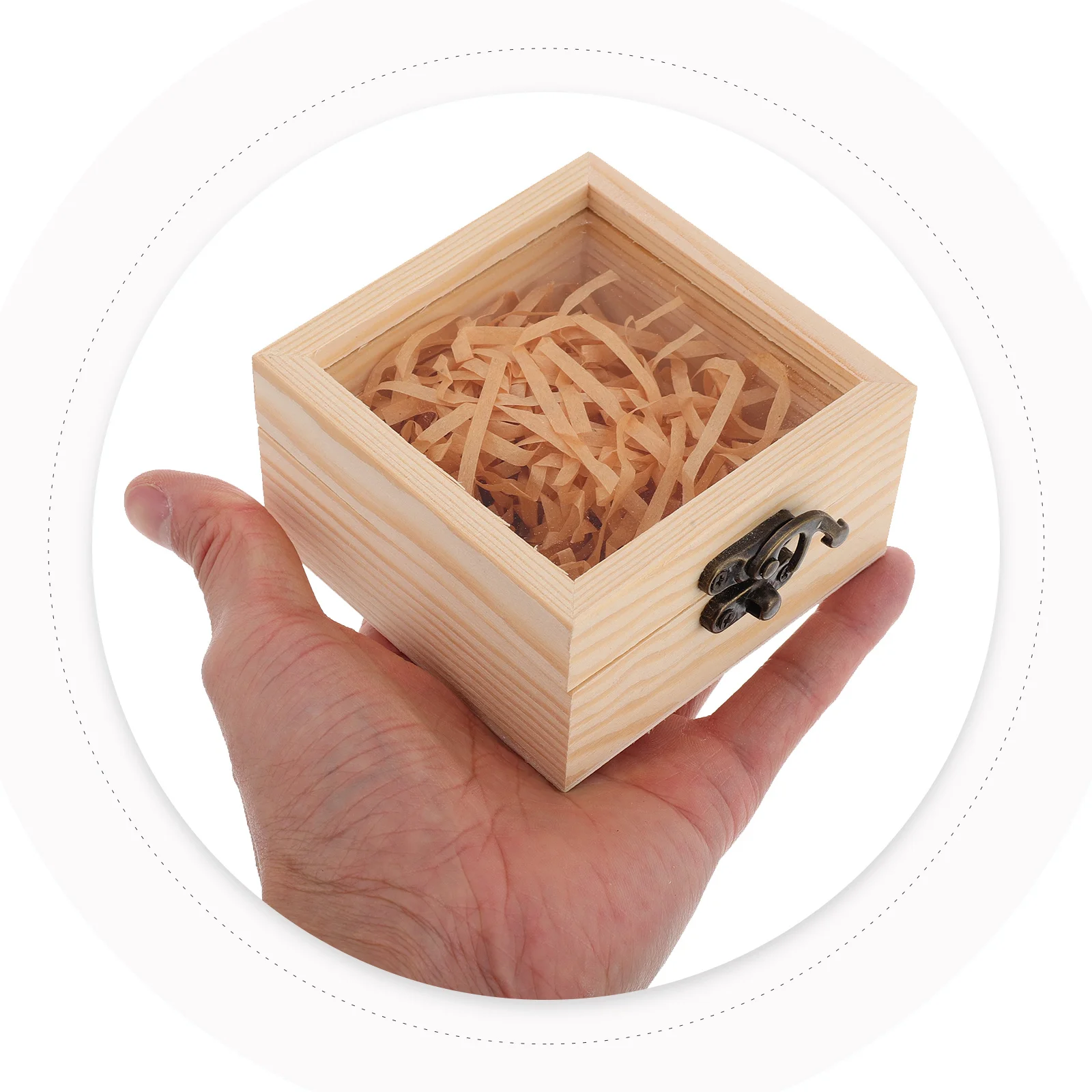 

Small Wooden With Shredded Paper Vintage Style Jewelry Storage Organizer Transparent Glass Lid Trinket Box For Kids
