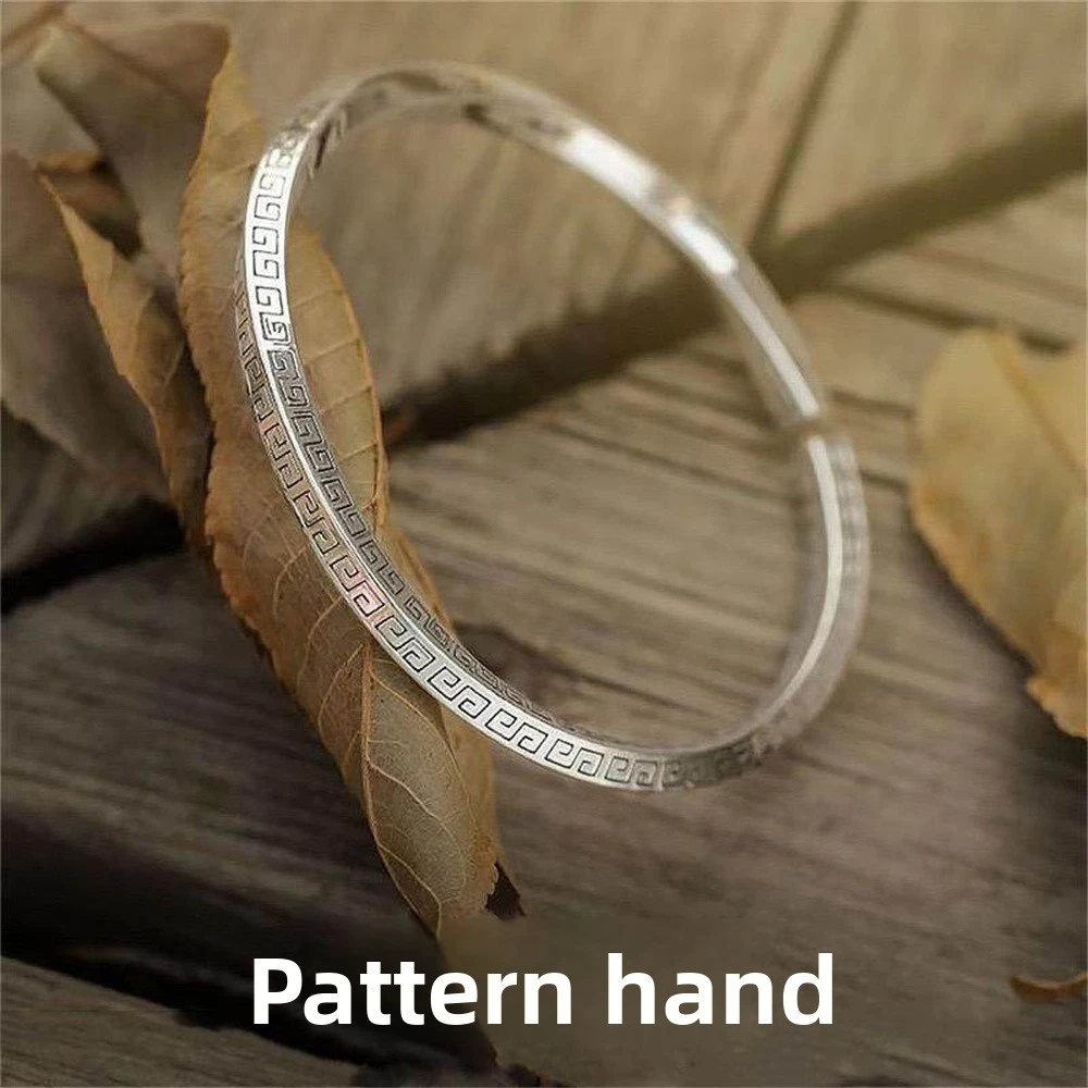 OUYADI 999 Sterling Silver Unisex Open Cuff Bangle Thin Carved Retro Adjustable Bracelet For Men Women Fashion Jewelry Gift