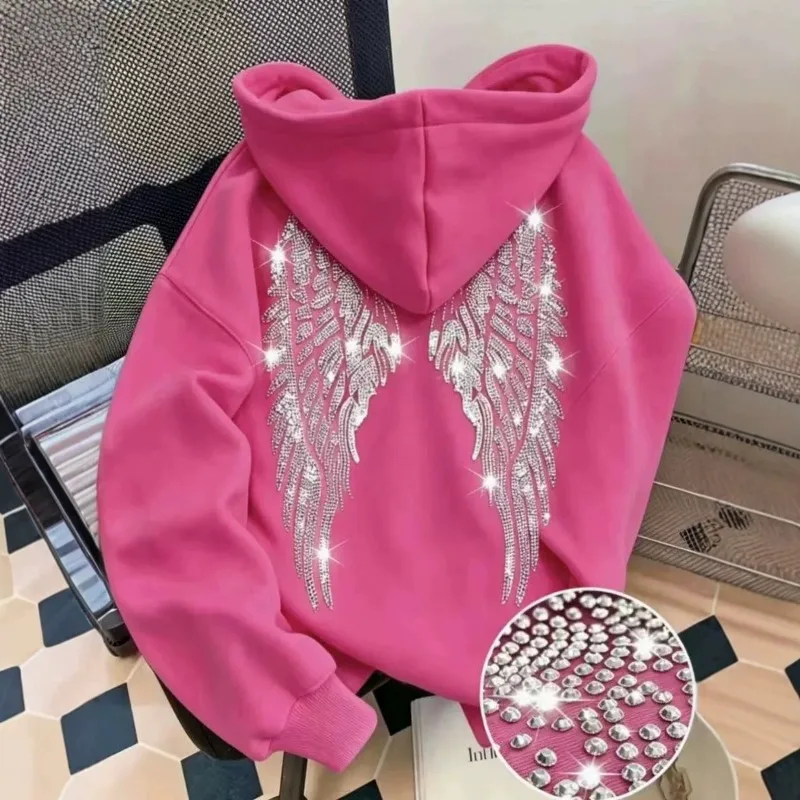 2026 Cross-border Trend New Simple Design Wings Hot Diamond Sweater Casual Loose Hoodie Pullover Jacket