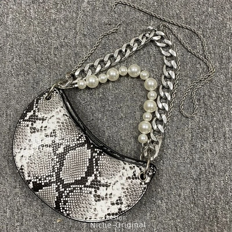 Gorgeous Bag Women's  New Niche Thick Chain Pearl Semicircular Saddle Bag Snake Pattern Lizard Pattern Shoulder Crossbody Bag