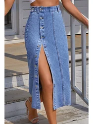 2022 Women's Button A-line Side Split High Waist Denim Skirt Office Lady Black Blue Midi Jean Skirts Autumn Winter Long Skirt