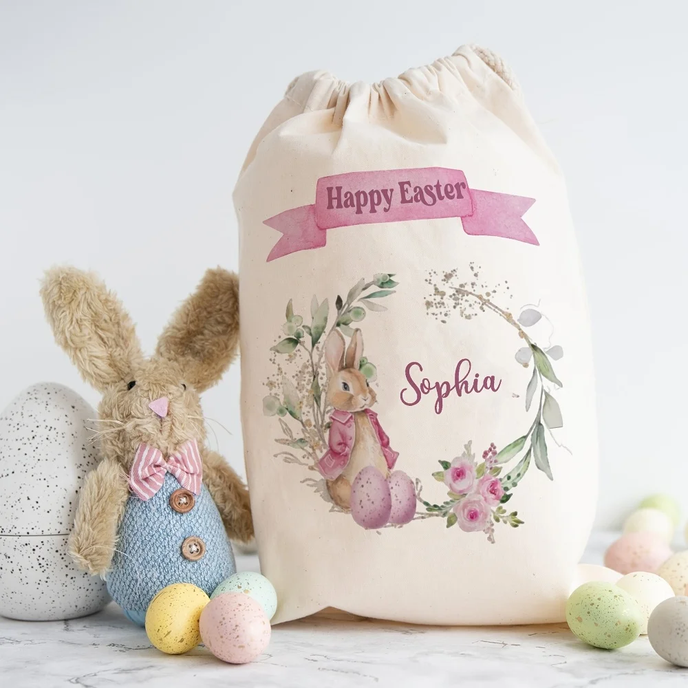 1Pc Personalized Custom Name/Text Easter Egg Hunt Event Imitation Hemp Gift Bag, Extra-Large Drawstring Closure Storage Bag