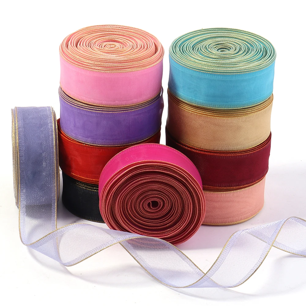 5 Yards/Rolle Organzaband mit goldenem Rand, Garn-Satinbänder für DIY-Geschenkverpackungen, Blumen, Hochzeitsstrauß, Geburtstagskuchen-Dekoration