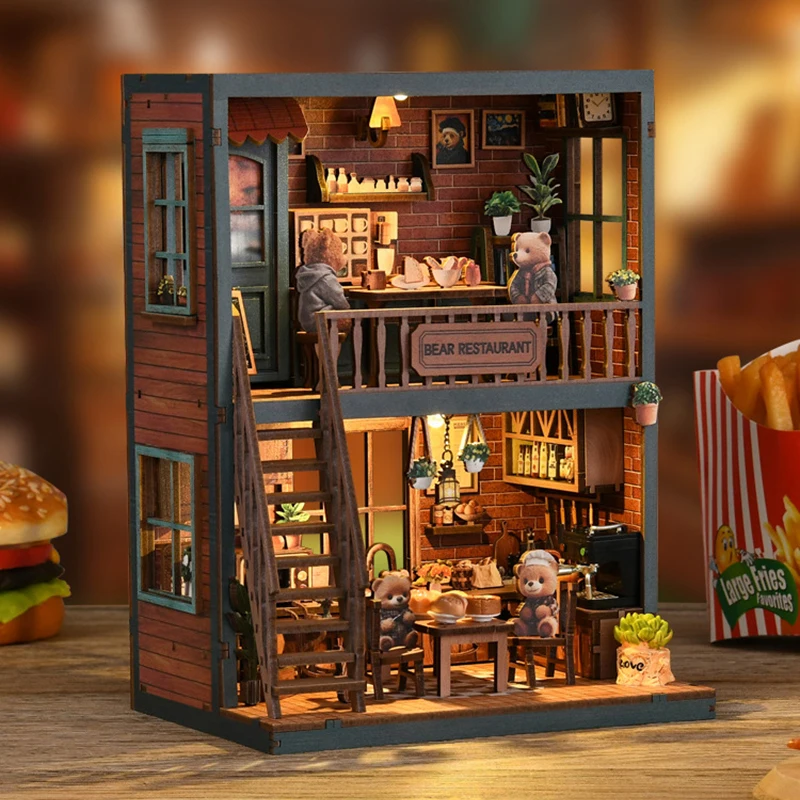 

DIY Wooden Dollhouse Cute Bear Restaurant Model Miniature With Furniture Kit 3D Assemble Toy for Children Adult Gift Casa