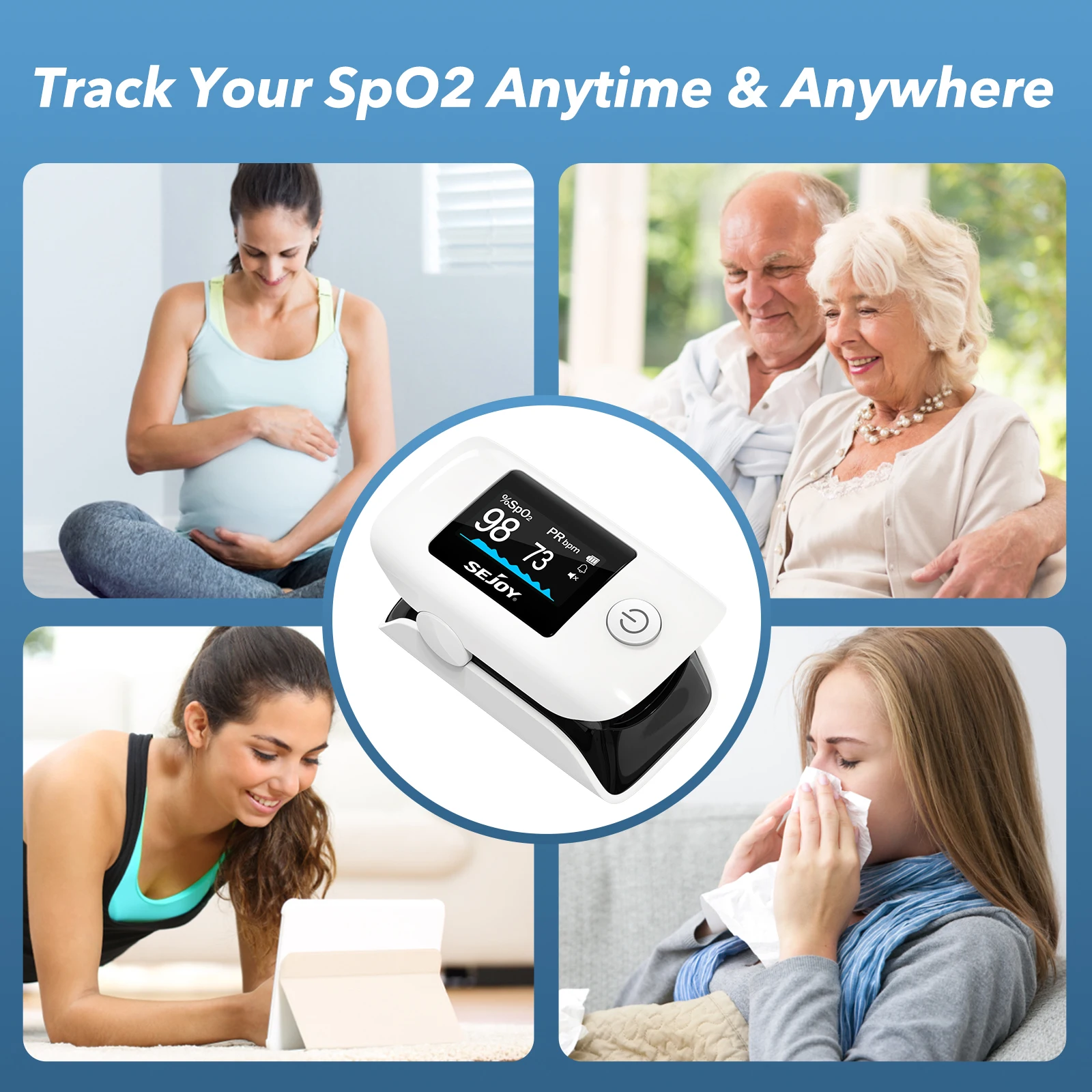 SEJOY مقياس التأكسج ببصمة الإصبع SpO2 مراقب تشبع الأكسجين في الدم مع مستشعر معدل ضربات القلب للبالغين والأطفال المسنين الرعاية الصحية المنزلية
