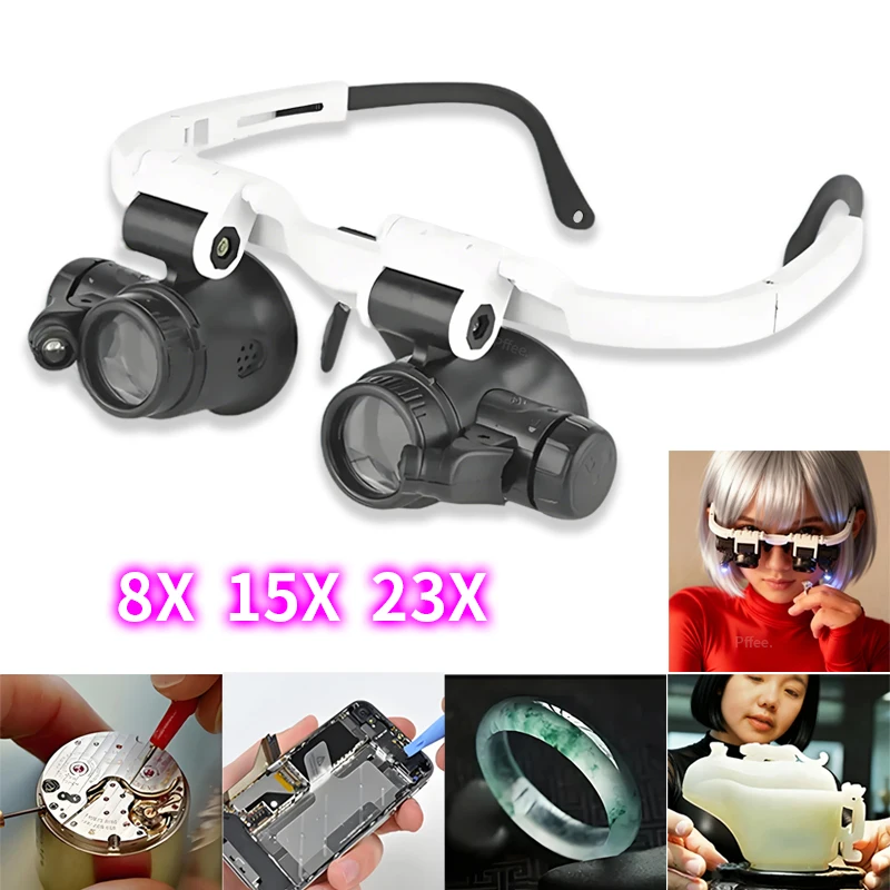 8 15 23X Magnifying Glass Jeweler Watchmaker Repair Tool Kit With LED Light Telescopic Magnifier Glasses Reading Loupes Eyewear