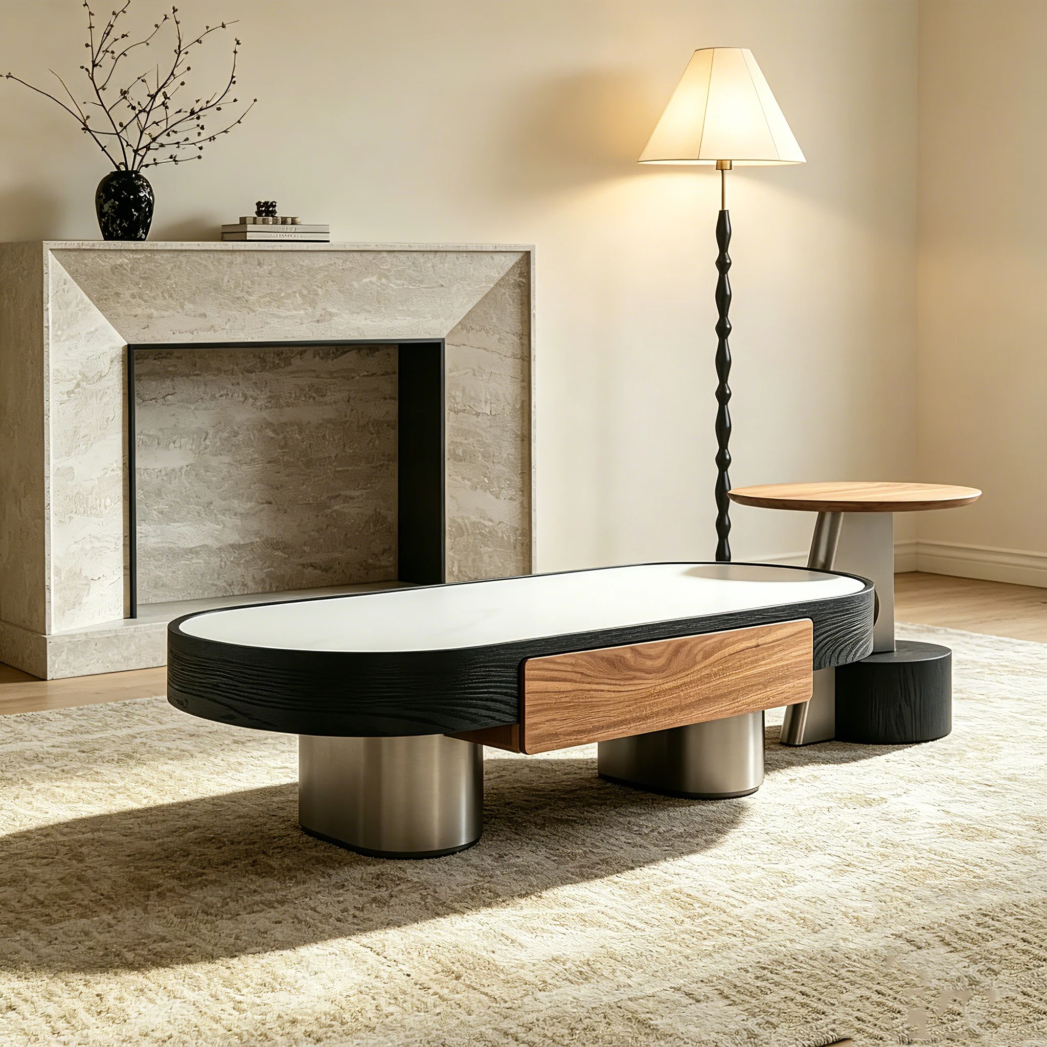 Modern Coffee Table And Side Table Set 2 Drawers White Stone Top Black Wood Walnut Veneer Luxury Living Room Furniture
