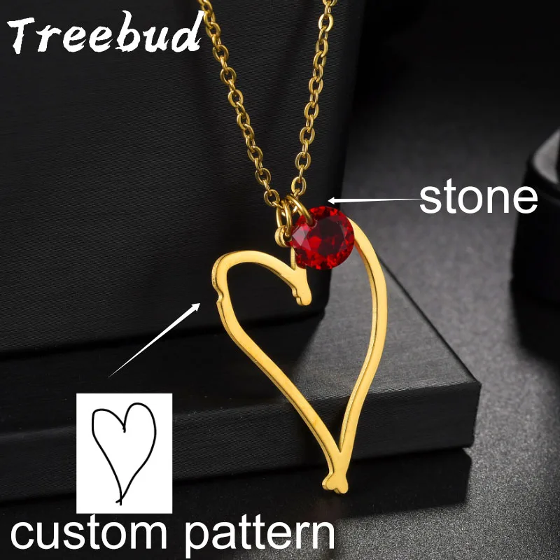 Treebud Personalized Stainless Steel Custom Necklace Birthdaystone Drawing Pendant for Women Girl Chain Jewelry Anniversary Gift