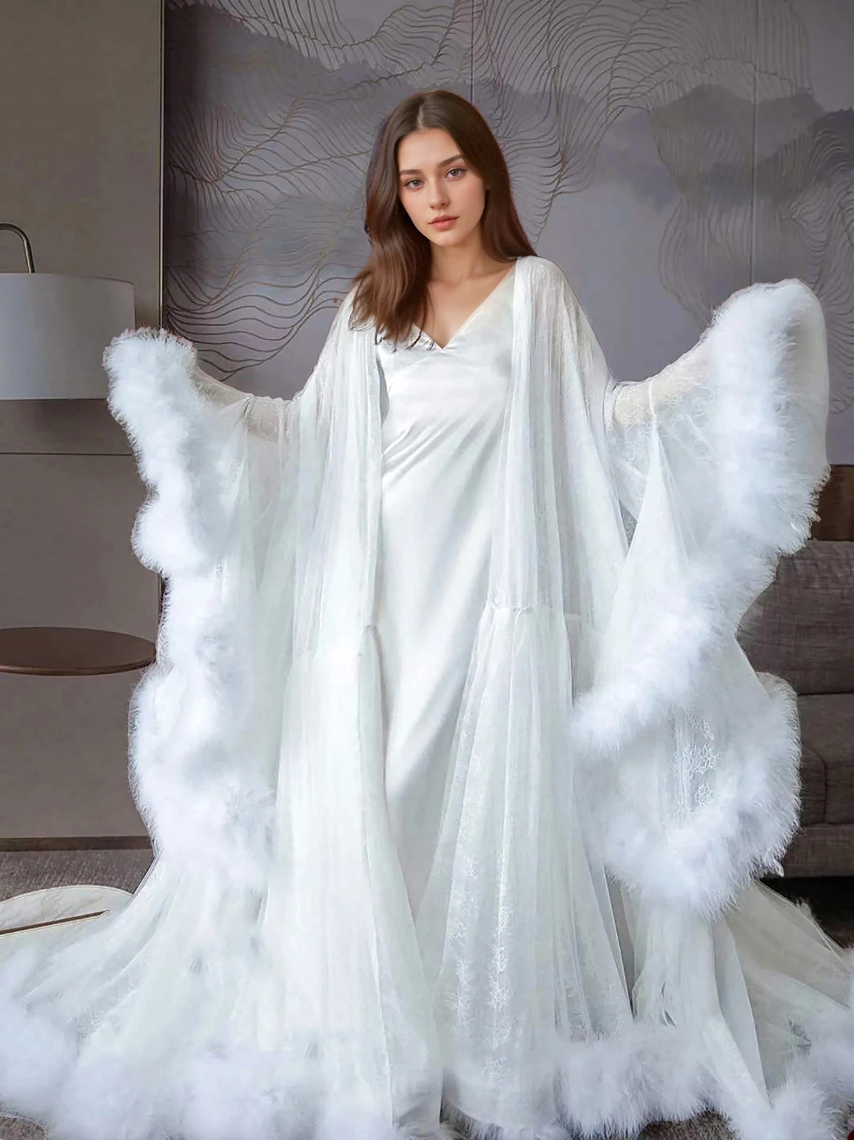 

Elegant Women Bathrobe Loungewear Home Clothes Female Party Sleepwear Rayon Silk Tulle Evening Dresses Nightgowns Customized