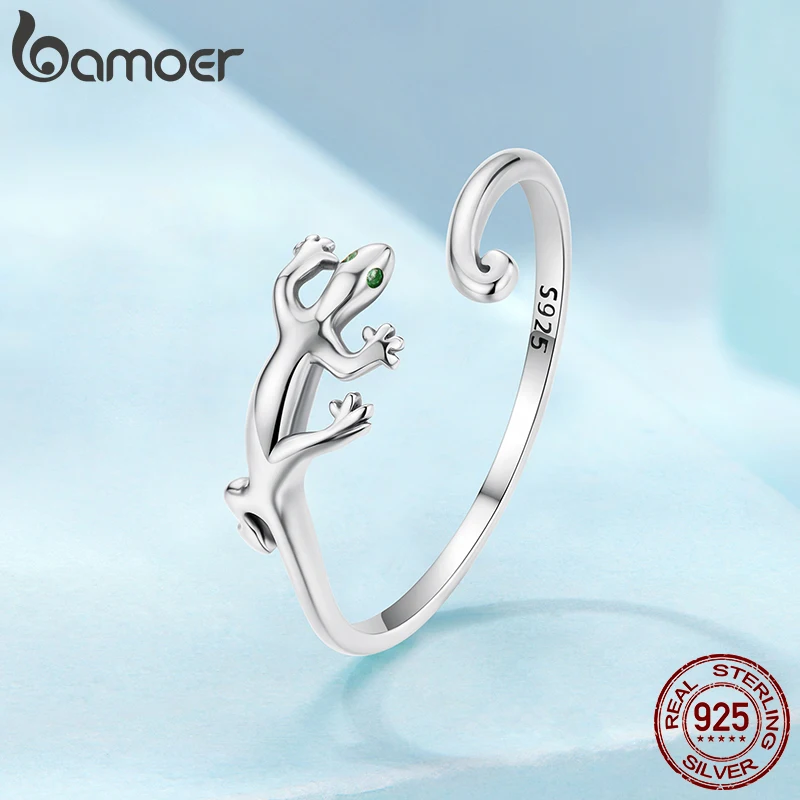 BAMOER 925 Sterling Silver Gecko Lizard Open Ring Lucky Animal