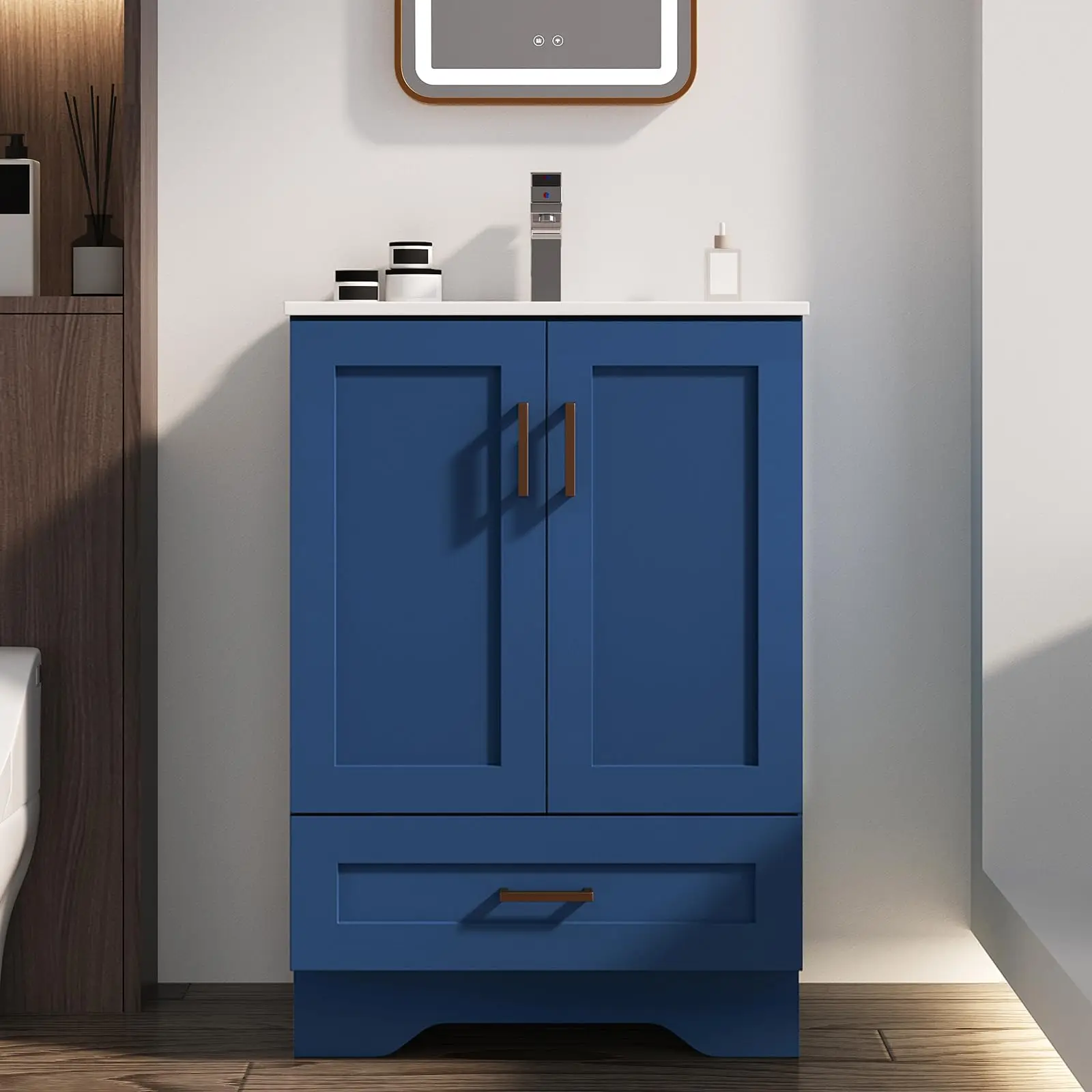 24 inch Bathroom Vanity with Sink, Modern Blue Vanity for Bathroom with Undermount Ceramic Sink, Freestanding 2-Door &
