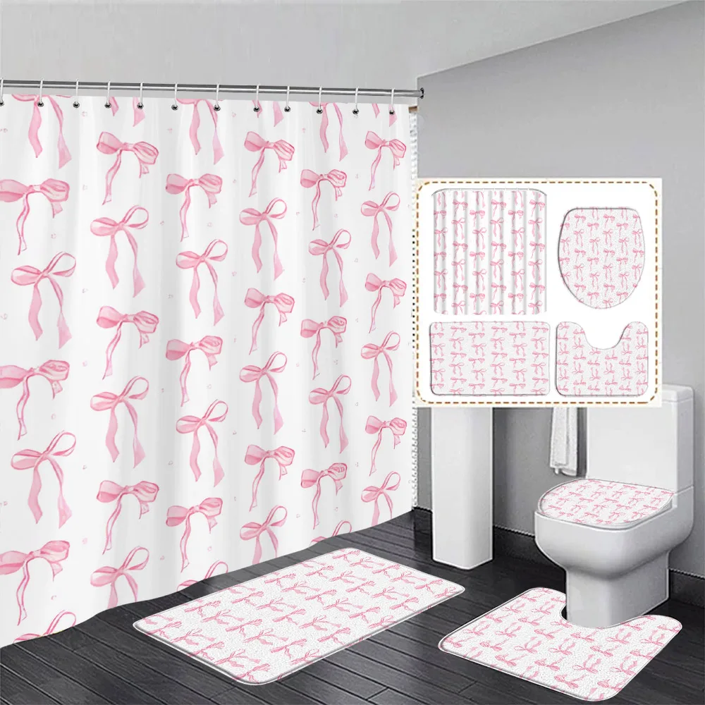 Pink Bowknot Shower Curtain Set Watercolour Bow Tie Girl Gift Modern Bathroom Decor Floor Rugs U-shaped Mats Toilet Lid Cover