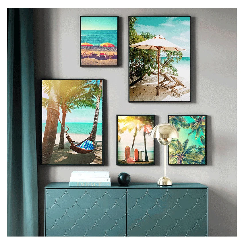 Car Wall Art Canvas Painting Nordic Posters Prints Wall Pictures For Beach Surfboard Coconut Tree Hammock Room Decor Pictures