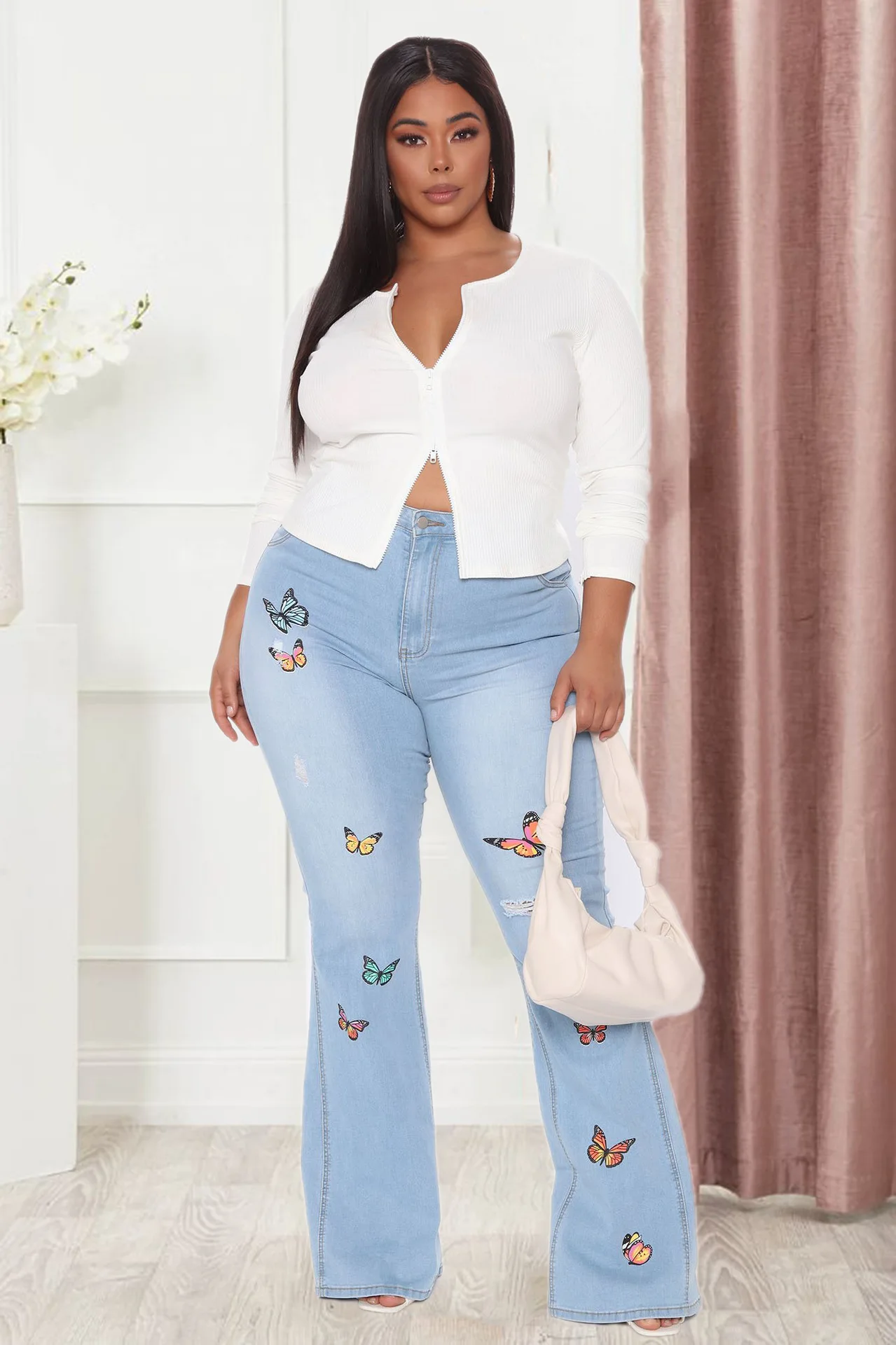 women Denim Pants Spring summer Fashion butterfly Printed stretch Denim flared pants casual High waist ripped Wide Leg Jeans