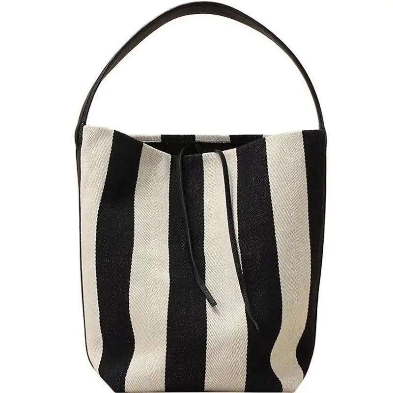 Women's Large Capacity Striped Canvans Water Bucket Bag New IN Single Shoulder Bag Soft Shape Versatile Style