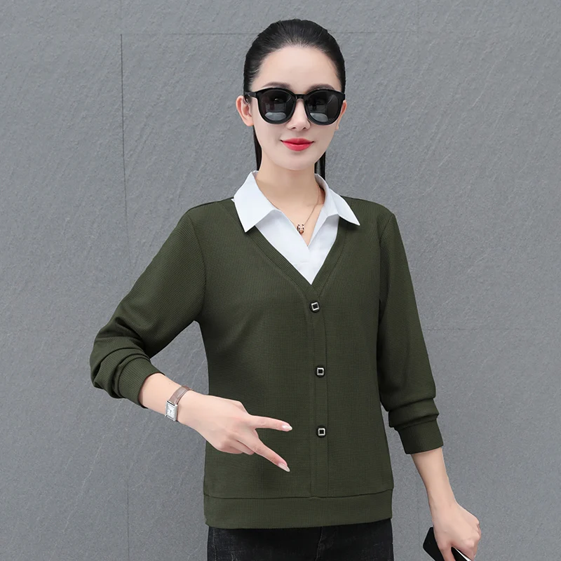 New Autumn And Winter Korean Fashion Fake Two-Piece Long Sleeved Pullover For Women'S Casual Loose Fitting Patchwork Knitted Top