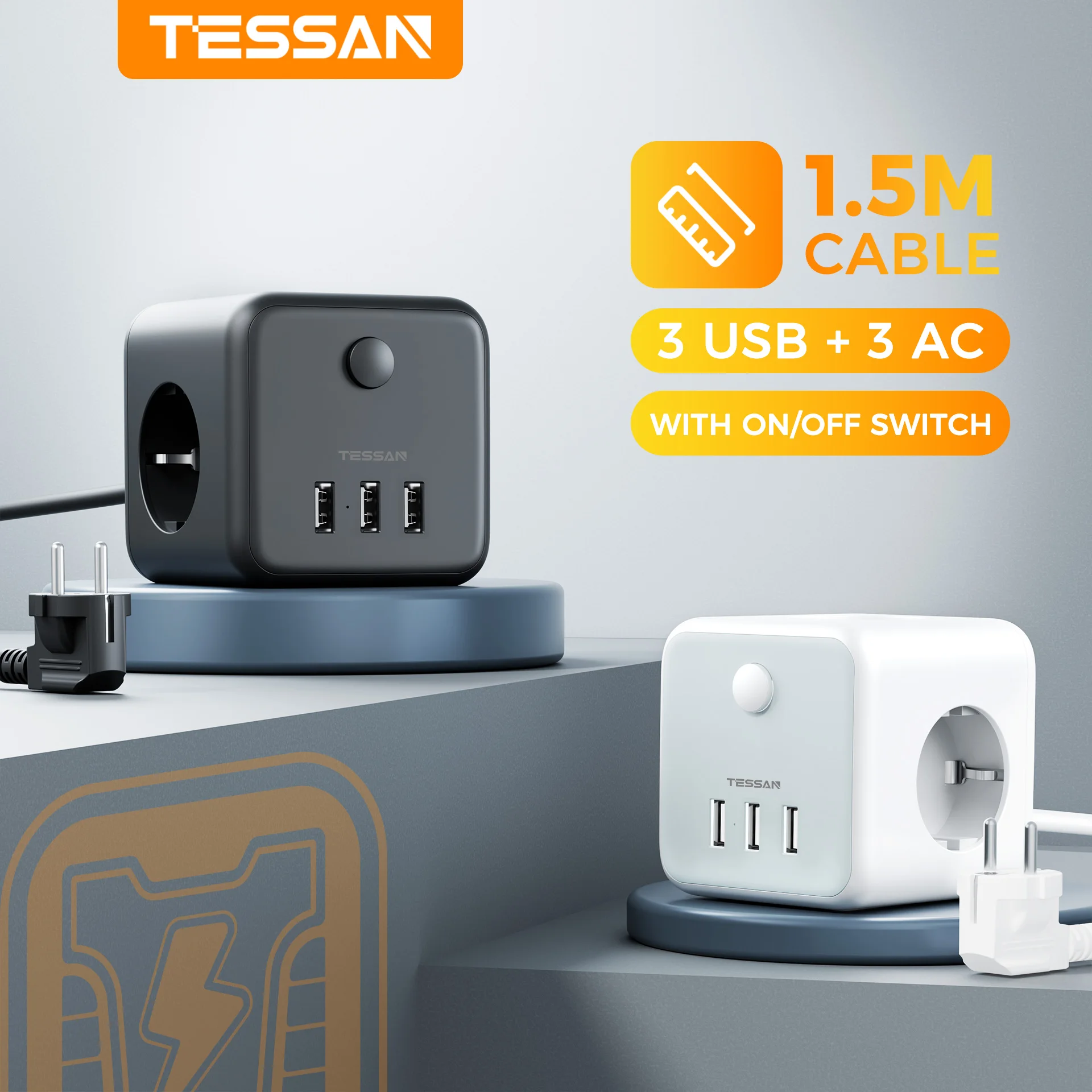 TESSAN キューブテーブル電源タップエクステンダー 3 コンセント 3 USB ポート 1.5 メートル延長コード EU KR プラグティーソケットアダプター スイッチ付き