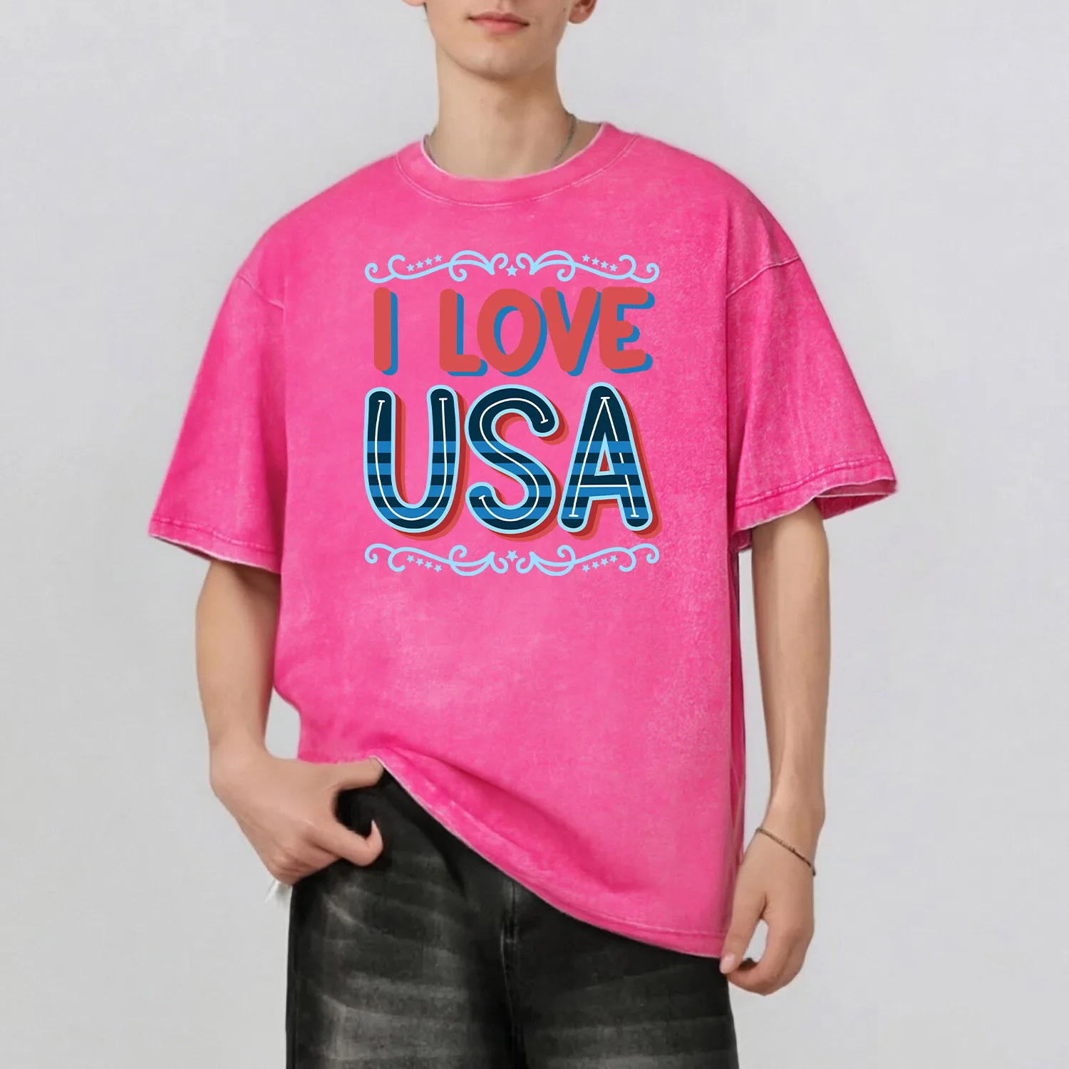 

I Love USA Graphic Print Fashion Retro Style Washed T-Shirt Casual Short Sleeve 100% Cotton Unisex Top 230G