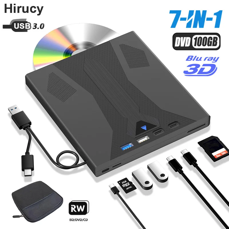 7-in-1 Sucker Type External Bluray Drive with Storage Bag  BD/CD/DVD -/+RW Optical Drive Player Burner for Laptop PC Windows