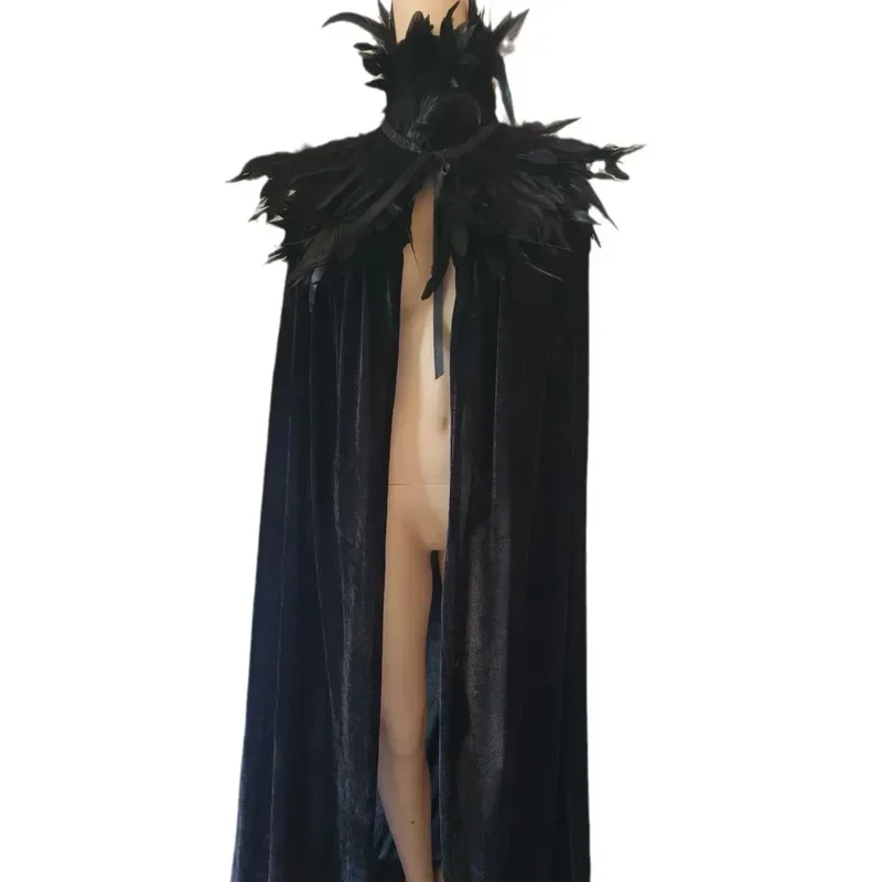 MN1 Cosplay Black Evil Witch Cloak Steampunk costumes Feather Collar Light Gauze Cape  Length 180cm Halloween carnival party8/yG