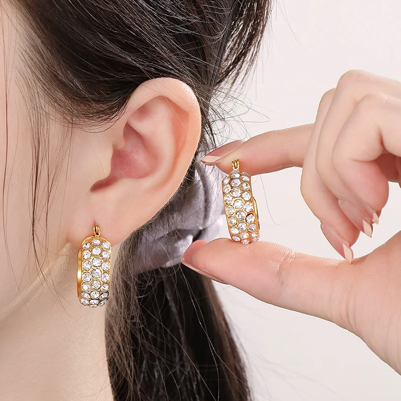 Fashion Shiny Zircon Round Hollow Earrings for Women Girl Gold Silver Color Stainless Steel Dangle Ear Wedding Party Jewelry