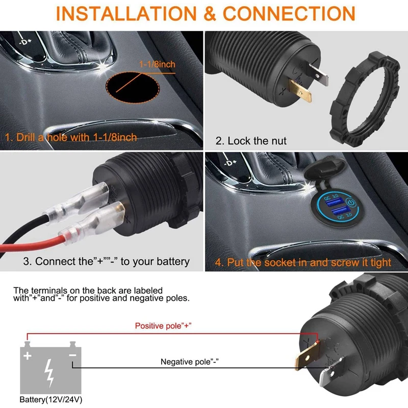 Carregador de carro USB com interruptor, tomada de energia impermeável, QC duplo 3.0, interruptor, 1.1 Polegada perfurador, 6X, 12V, 36W