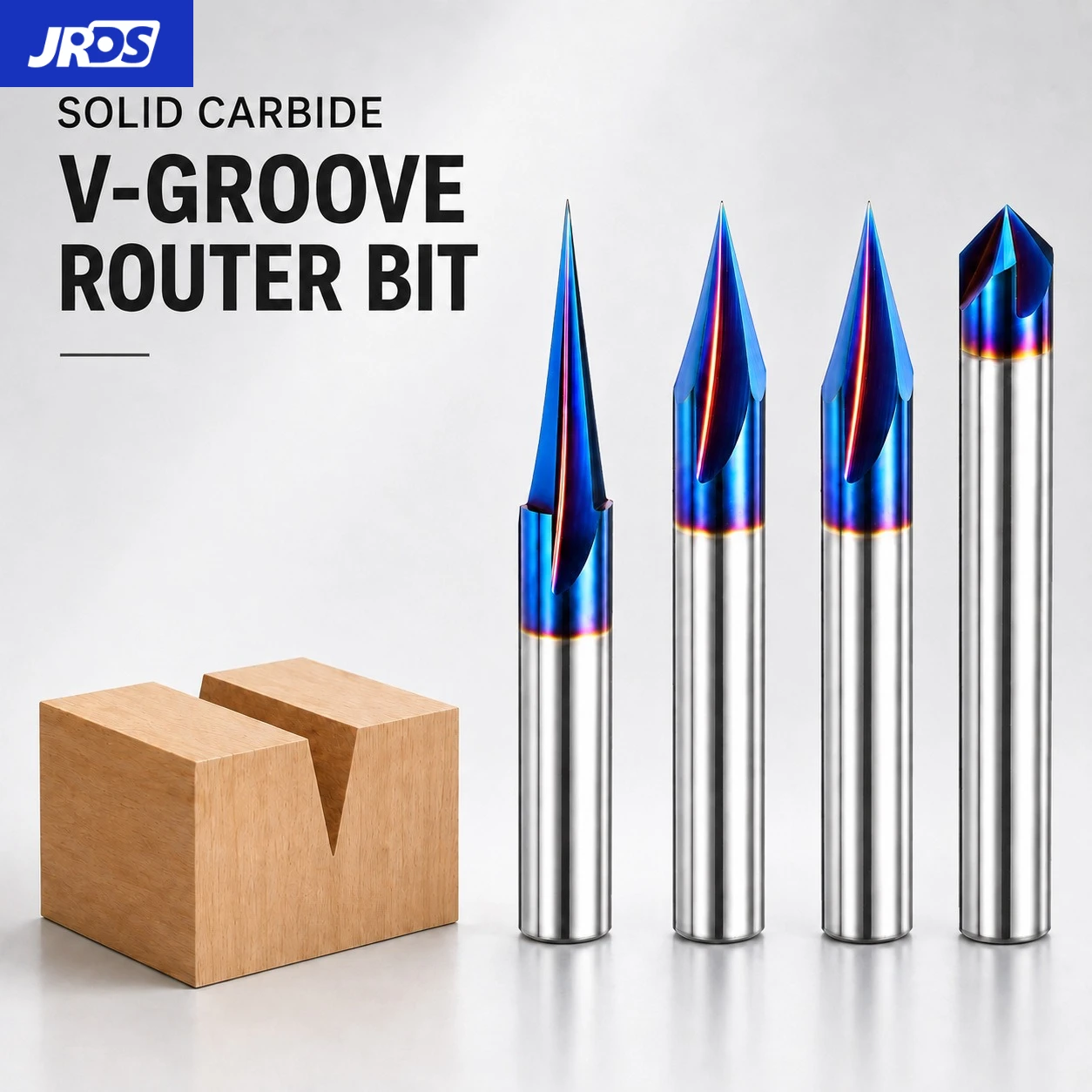 JRDS Solid Carbide V‑Groove Carving Bits Blue Nano Coated 1/4