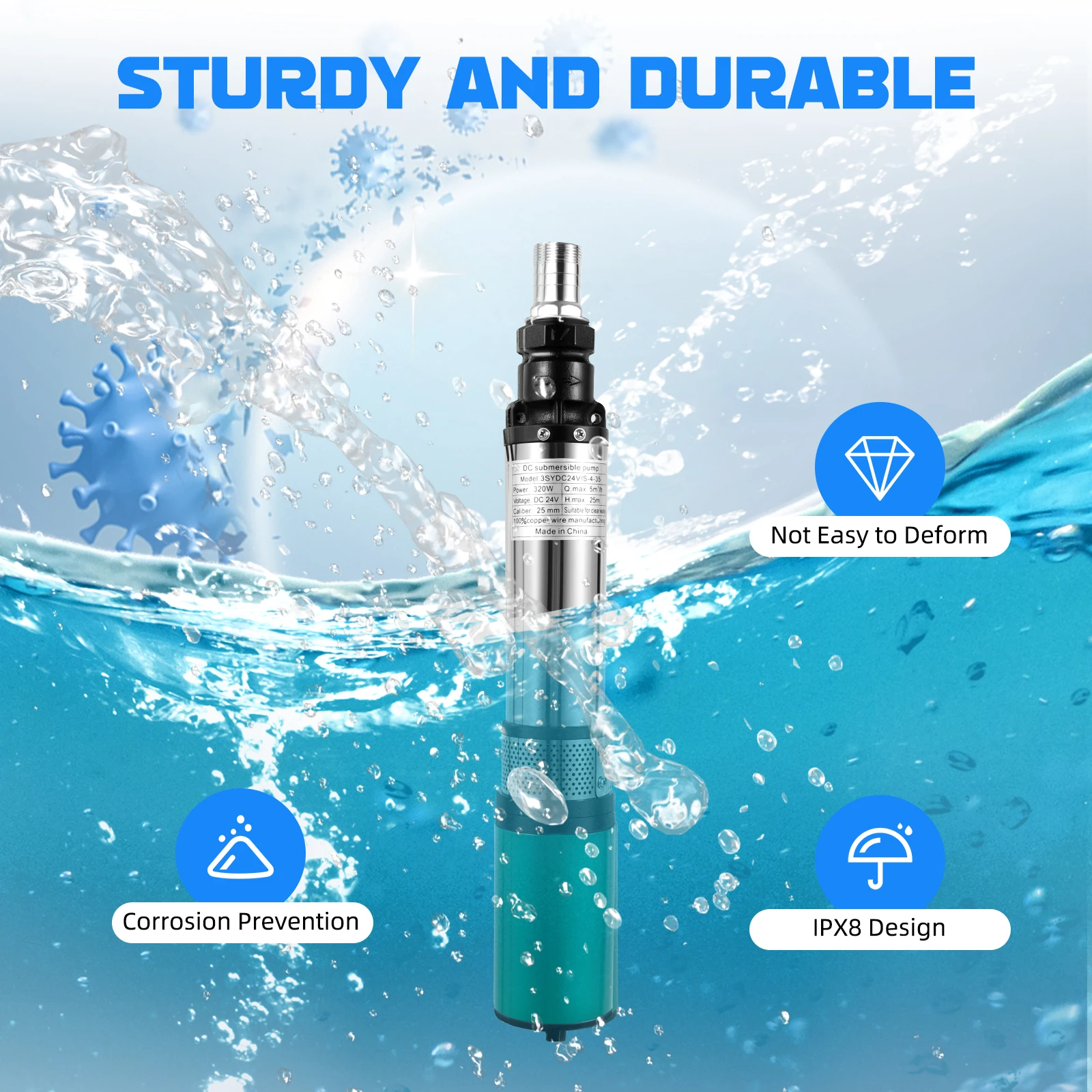 

Погружной водяной насос с глубокими скважинами 24 В, электрический фермерский насос 220 Вт, максимальный подъем 25 м, длина провода кабеля 16 м, максимальная скорость потока 3 м3/ч