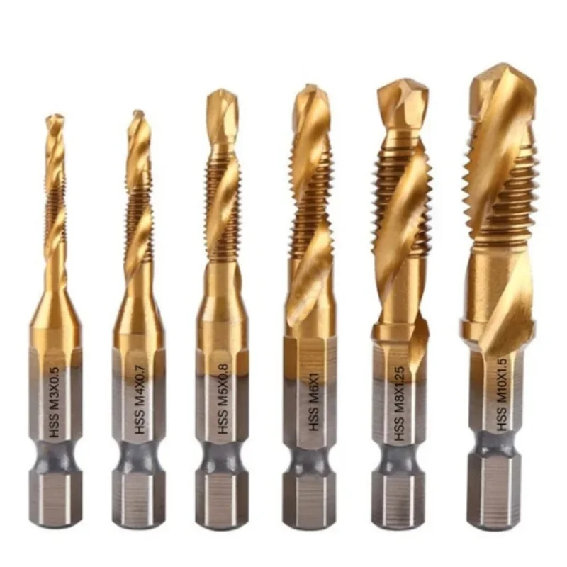 1/6Pcs Tap Drill Bit Set Hex Shank Titanium Plated HSS Screw Thread Bit Screw Machine Compound Tap M3 M4 M5 M6 M8 M10 Hand Tools