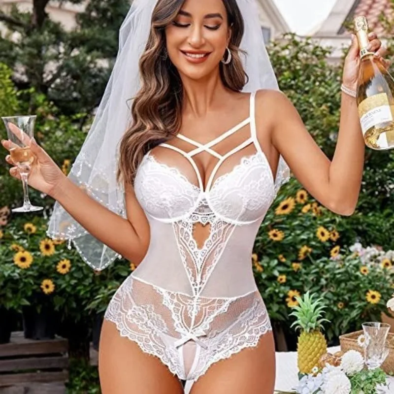 

Sexy Sheer Mesh Chemise Open-Crotch Lace Bodysuit with Strappy Details Erotic Teasing Jumpsuit for Women Bridal Party Nightwear
