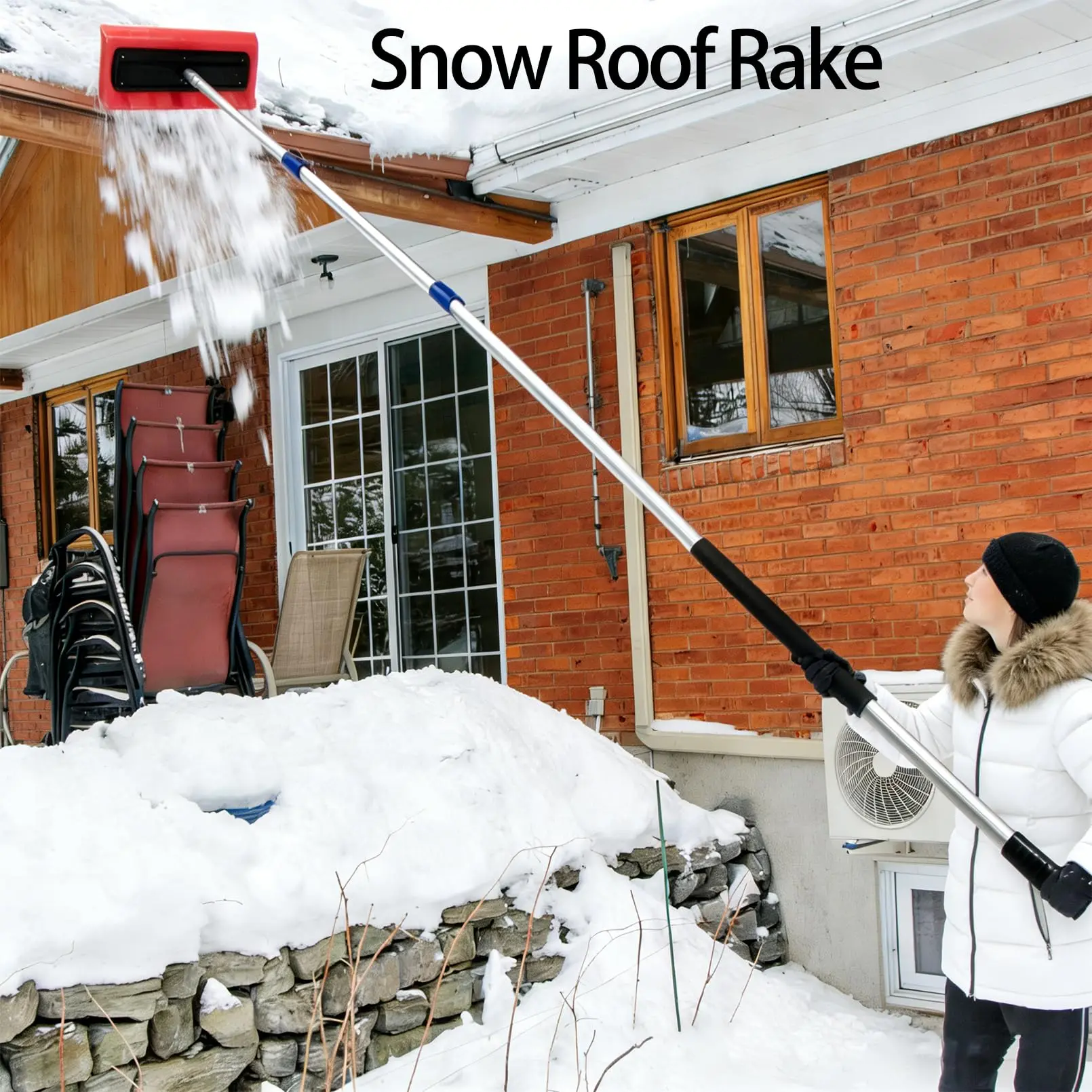Snow Roof Rake, Foam Head Roof Snow Rake, Foam Broom Scraper for Clearing, Adjustable Telescoping No-Scratch Snows