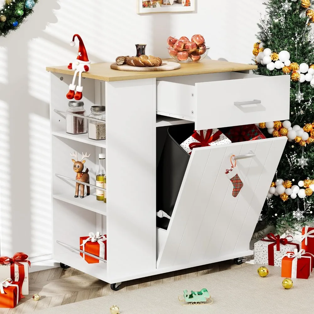 جزيرة المطبخ المتداول مع تخزين سلة المهملات، جزيرة المطبخ المحمولة على عجلات مع رف المناشف ورف التوابل، كاليفورنيا القابلة للإمالة