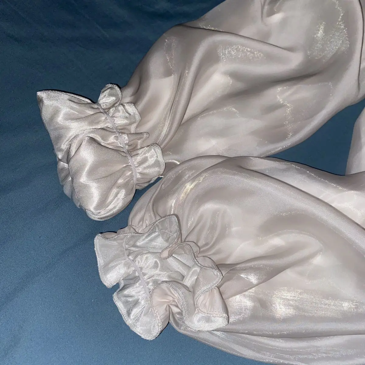 Glossy Sexy White Pajamas Two-piece Set Women's Men's Long Sleeve Loose Soft Sleeping Plus Size Top Pants
